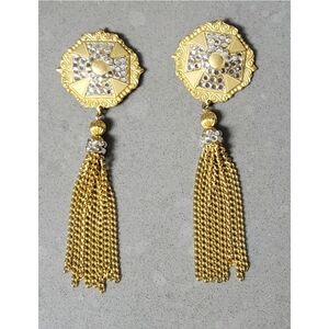 Erica Courtney Vintage Goldtone Rhinestone Tassel Clip On Earrings